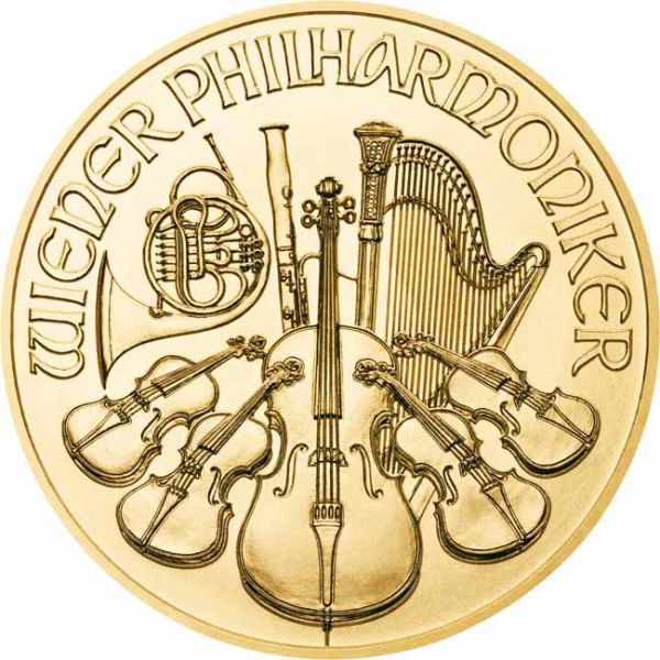 Zlatá minca Viedenskí filharmonici 2026, 1/10 oz