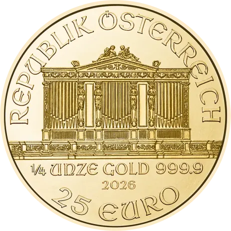 Zlatá minca Viedenskí filharmonici 2026, 1/4 oz